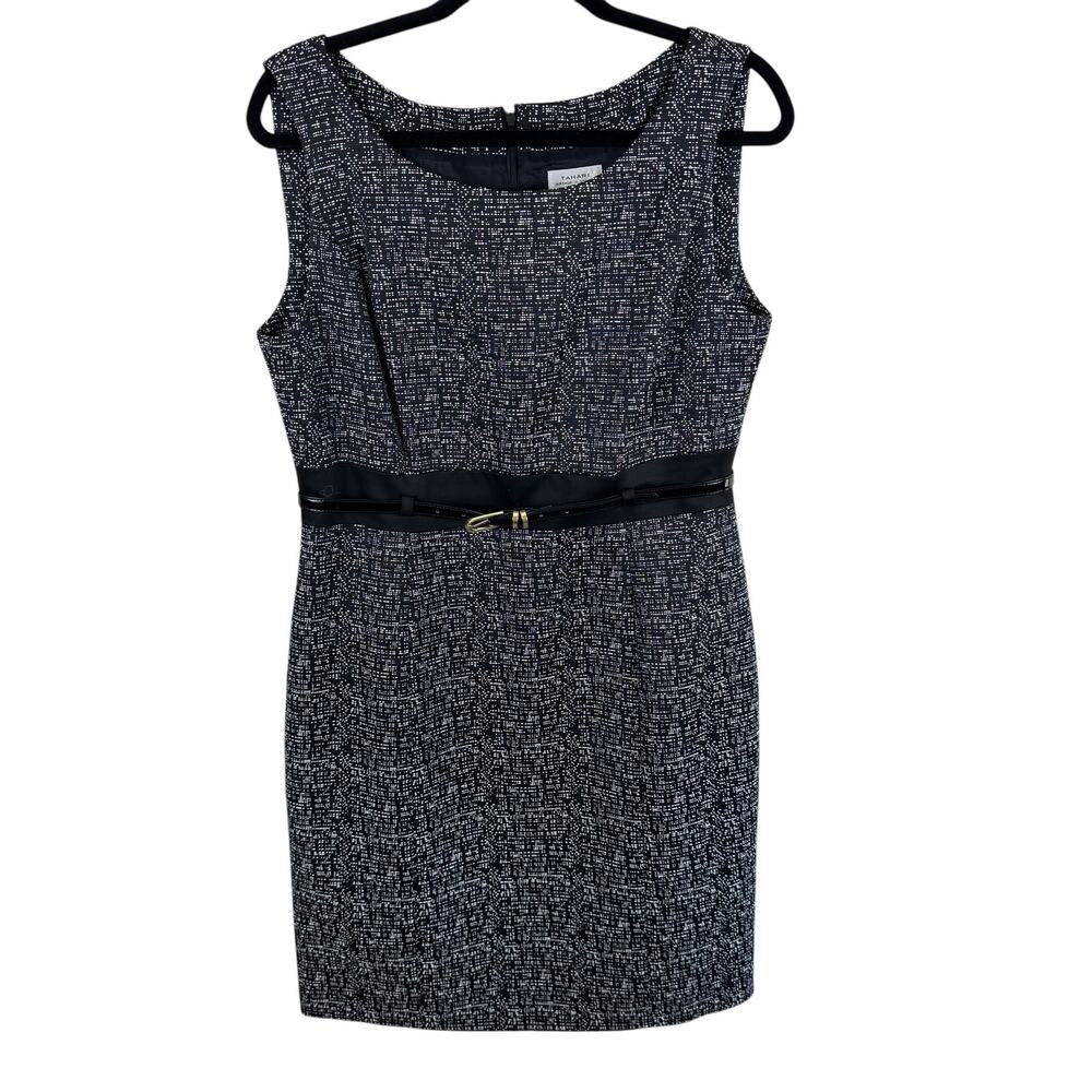 Tahari‎ ASL Black White Tweed Sleeveless Belted Knee Length Sheath Dress Size 12